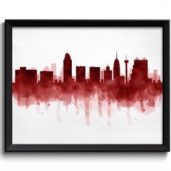 INSTANT DOWNLOAD San Antonio Deep Red Black Skyline Texas USA United States Cityscape Art Print Poster Watercolor Painting