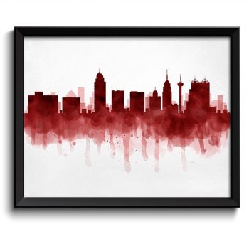 INSTANT DOWNLOAD San Antonio Deep Red Black Skyline Texas USA United States Cityscape Art Print Poster Watercolor Painting