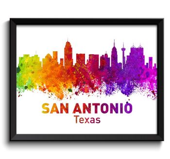 INSTANT DOWNLOAD San Antonio Skyline Texas City Colorful Watercolor Cityscape Poster Print Landscape Art Painting Red Purple Pink Yellow