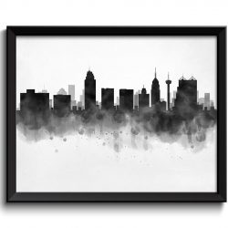 INSTANT DOWNLOAD San Antonio Skyline Texas USA United States Cityscape Art Print Poster Black White Grey Watercolor Painting