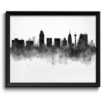 INSTANT DOWNLOAD San Antonio Skyline Texas USA United States Cityscape Art Print Poster Black White Grey Watercolor Painting