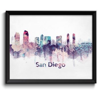 INSTANT DOWNLOAD San Diego Blue Turquoise Pink Purple Skyline California USA United States Cityscape Art Print Poster Watercolor Painting