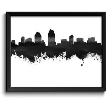 INSTANT DOWNLOAD San Diego Skyline Black White Grey Watercolor Painting San Diego California San Diego Wall Art Print San Diego Poster