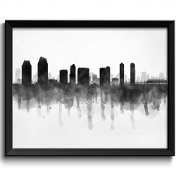 INSTANT DOWNLOAD San Diego Skyline California USA United States Cityscape Art Print Poster Black White Grey Watercolor Painting