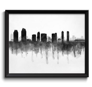 INSTANT DOWNLOAD San Diego Skyline California USA United States Cityscape Art Print Poster Black White Grey Watercolor Painting