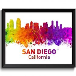 INSTANT DOWNLOAD San Diego Skyline Colorful California City Watercolor Cityscape Poster Print Landscape Art Painting Red Purple Pink Yellow