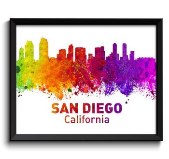 INSTANT DOWNLOAD San Diego Skyline Colorful California City Watercolor Cityscape Poster Print Landscape Art Painting Red Purple Pink Yellow