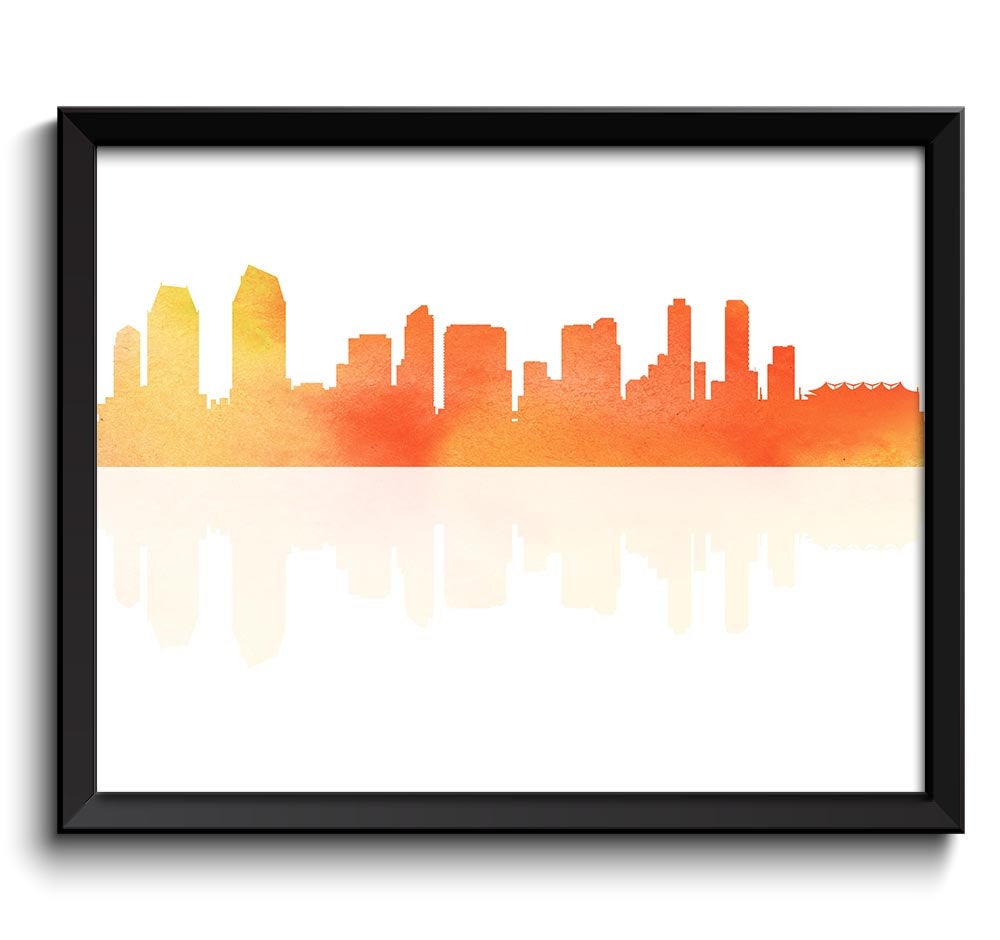 INSTANT DOWNLOAD San Diego Skyline San Diego Coral Orange Peach Yellow California San Diego Wall Art Print Poster Watercolor Painting