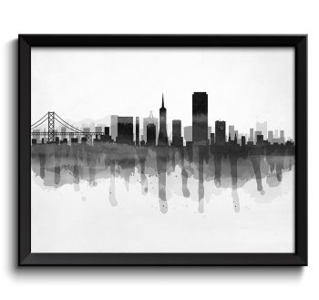 INSTANT DOWNLOAD San Francisco Black White Grey Skyline California USA United States Cityscape Art Print Poster Watercolor Painting