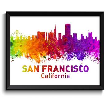 INSTANT DOWNLOAD San Francisco Skyline California City Colorful Watercolor Cityscape Poster Print Landscape Art Painting Red Purple Pink