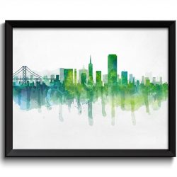 INSTANT DOWNLOAD San Francisco Teal Blue Lime Green Skyline California USA United States Cityscape Art Print Poster Watercolor Painting