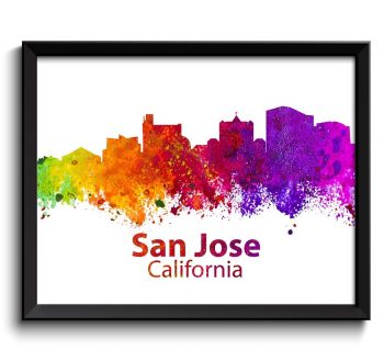 INSTANT DOWNLOAD San Jose Skyline Colorful California City Watercolor Cityscape Poster Print Landscape Art Painting Red Purple Pink Yellow