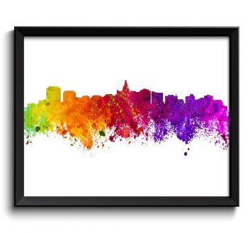 INSTANT DOWNLOAD Saskatoon Skyline City Cityscape Canada Rainbow Colorful Watercolor Poster Print Landscape Art Painting Red Purple Pink