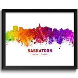 INSTANT DOWNLOAD Saskatoon Skyline Cityscape Canada Colorful Watercolor Poster Print Landscape Art Painting Red Purple Pink Yellow Green