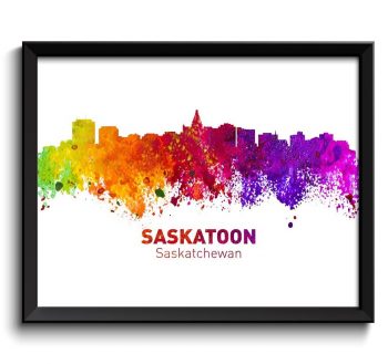 INSTANT DOWNLOAD Saskatoon Skyline Cityscape Canada Colorful Watercolor Poster Print Landscape Art Painting Red Purple Pink Yellow Green