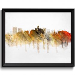 INSTANT DOWNLOAD Saskatoon Skyline Saskatchewan Canada Cityscape Art Print Poster Gold Beige Red Rust Grey Watercolor Painting