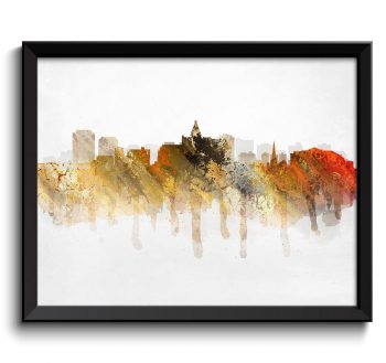 INSTANT DOWNLOAD Saskatoon Skyline Saskatchewan Canada Cityscape Art Print Poster Gold Beige Red Rust Grey Watercolor Painting