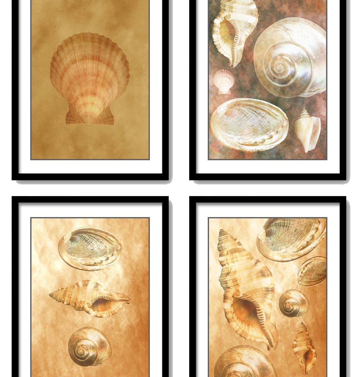 INSTANT DOWNLOAD Sea Shells Ocean Beige Sand Art Set of 4 Prints Old Antique Vintage Botanical Printable Bathroom Bedroom Beige Brown Leaf