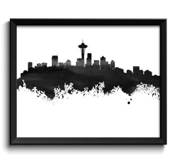 INSTANT DOWNLOAD Seattle Skyline Black White Grey Watercolor Painting Seattle Washington Seattle Wall Art Print Seattle Poster