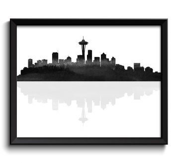 INSTANT DOWNLOAD Seattle Skyline Seattle Washington Seattle Wall Art Print Seattle Poster Black White Grey Watercolor Painting