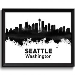 INSTANT DOWNLOAD Seattle Skyline Washington City Black White Grey Watercolor Cityscape Poster Print Modern Abstract Landscape Art Painting