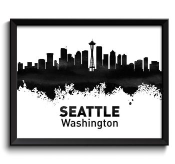 INSTANT DOWNLOAD Seattle Skyline Washington City Black White Grey Watercolor Cityscape Poster Print Modern Abstract Landscape Art Painting