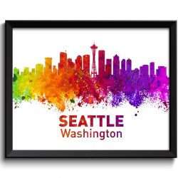 INSTANT DOWNLOAD Seattle Skyline Washington City Colorful Watercolor Cityscape Poster Print Landscape Art Painting Red Purple Pink Yellow