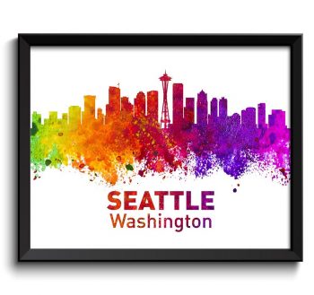 INSTANT DOWNLOAD Seattle Skyline Washington City Colorful Watercolor Cityscape Poster Print Landscape Art Painting Red Purple Pink Yellow