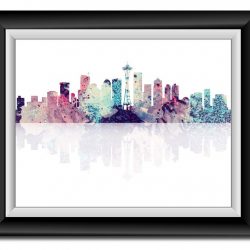 INSTANT DOWNLOAD Seattle Skyline Washington City Pink Purple Blue Watercolor Cityscape Poster Print Modern Abstract Landscape Art Painting