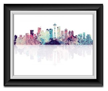 INSTANT DOWNLOAD Seattle Skyline Washington City Pink Purple Blue Watercolor Cityscape Poster Print Modern Abstract Landscape Art Painting