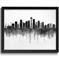 INSTANT DOWNLOAD Seattle Skyline Washington USA United States Cityscape Art Print Poster Black White Grey Watercolor Painting