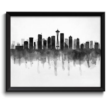 INSTANT DOWNLOAD Seattle Skyline Washington USA United States Cityscape Art Print Poster Black White Grey Watercolor Painting