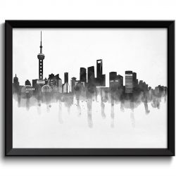 INSTANT DOWNLOAD Shanghai Skyline City Black White Grey Cityscape Print Poster China Asia Modern Abstract Landscape Art Painting