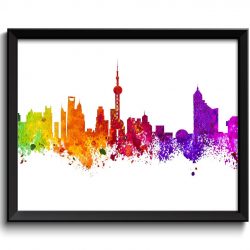 INSTANT DOWNLOAD Shanghai Skyline Colorful China Aisa City Watercolor Cityscape Poster Print Landscape Art Painting Red Purple Pink Yellow