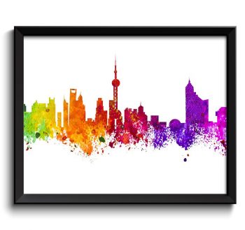 INSTANT DOWNLOAD Shanghai Skyline Colorful China Aisa City Watercolor Cityscape Poster Print Landscape Art Painting Red Purple Pink Yellow