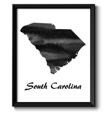 INSTANT DOWNLOAD South Carolina Map State Watercolor Painting Poster Print USA United States Landscape Art Black White Grey