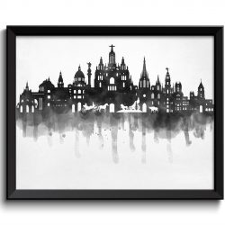 INSTANT DOWNLOAD Spain Skyline City Black White Grey Cityscape Europe Famous Landmarks Poster Print Modern Abstract Landscape Art Painting