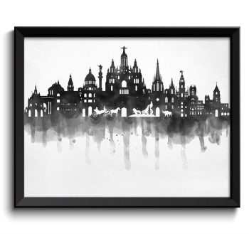 INSTANT DOWNLOAD Spain Skyline City Black White Grey Cityscape Europe Famous Landmarks Poster Print Modern Abstract Landscape Art Painting