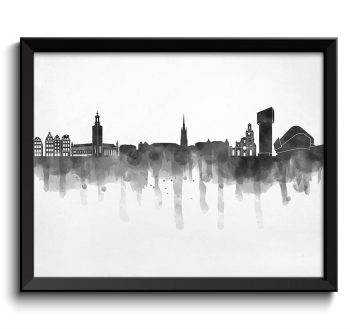 INSTANT DOWNLOAD Stockholm Skyline City Black White Grey Cityscape Sweden Europe Famous Landmarks Poster Print Landscape Art Painting