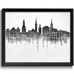 INSTANT DOWNLOAD Stockholm Skyline City Grey Black White Cityscape Sweden Europe Famous Landmarks Poster Print Landscape Art Painting