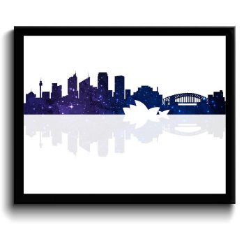 INSTANT DOWNLOAD Sydney Skyline Australia City Navy Blue Sky Green Watercolor Cityscape Poster Print Abstract Landscape Art Painting