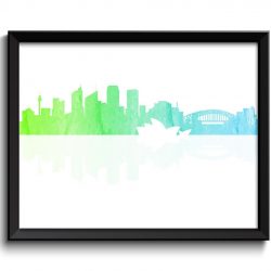 INSTANT DOWNLOAD Sydney Skyline Australia City Teal Blue Lime Green Turquoise Blue Watercolor Cityscape Poster Print Landscape Art Painting