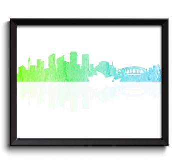 INSTANT DOWNLOAD Sydney Skyline Australia City Teal Blue Lime Green Turquoise Blue Watercolor Cityscape Poster Print Landscape Art Painting