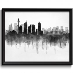 INSTANT DOWNLOAD Sydney Skyline Australia Cityscape Art Print Poster Black White Grey Watercolor Painting