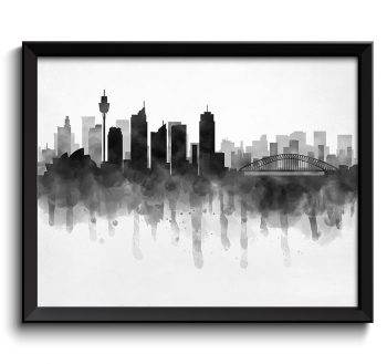 INSTANT DOWNLOAD Sydney Skyline Australia Cityscape Art Print Poster Black White Grey Watercolor Painting