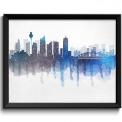 INSTANT DOWNLOAD Sydney Skyline Australia Cityscape Art Print Poster Blue Turquoise Deep Grey Gray Watercolor Painting