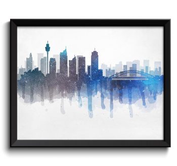 INSTANT DOWNLOAD Sydney Skyline Australia Cityscape Art Print Poster Blue Turquoise Deep Grey Gray Watercolor Painting