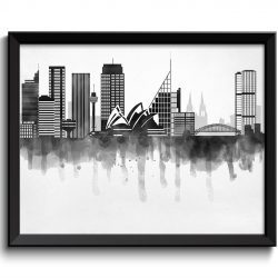 INSTANT DOWNLOAD Sydney Skyline City Black White Grey Cityscape Poster Print Australia Modern Abstract Landscape Art Painting