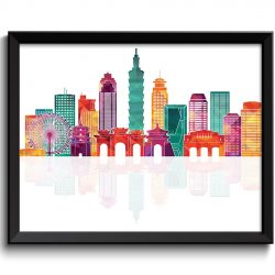 INSTANT DOWNLOAD Taipei Skyline Green Blue Teal Pink Purple Peach City Colorful Cityscape Print Poster Taiwan Asia Landscape Art Painting