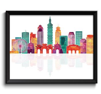 INSTANT DOWNLOAD Taipei Skyline Green Blue Teal Pink Purple Peach City Colorful Cityscape Print Poster Taiwan Asia Landscape Art Painting